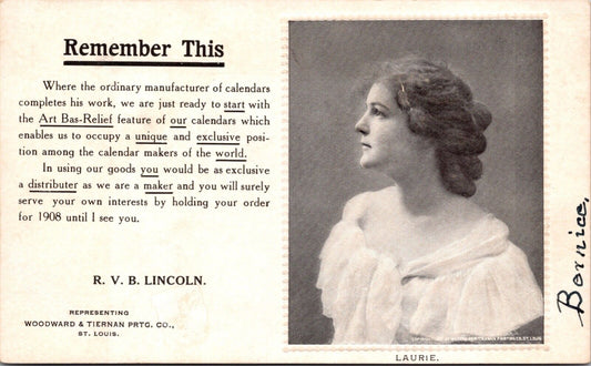 Advertising Postcard R.V.B. Lincoln Calendar Printer Woodward & Tiernan Printing