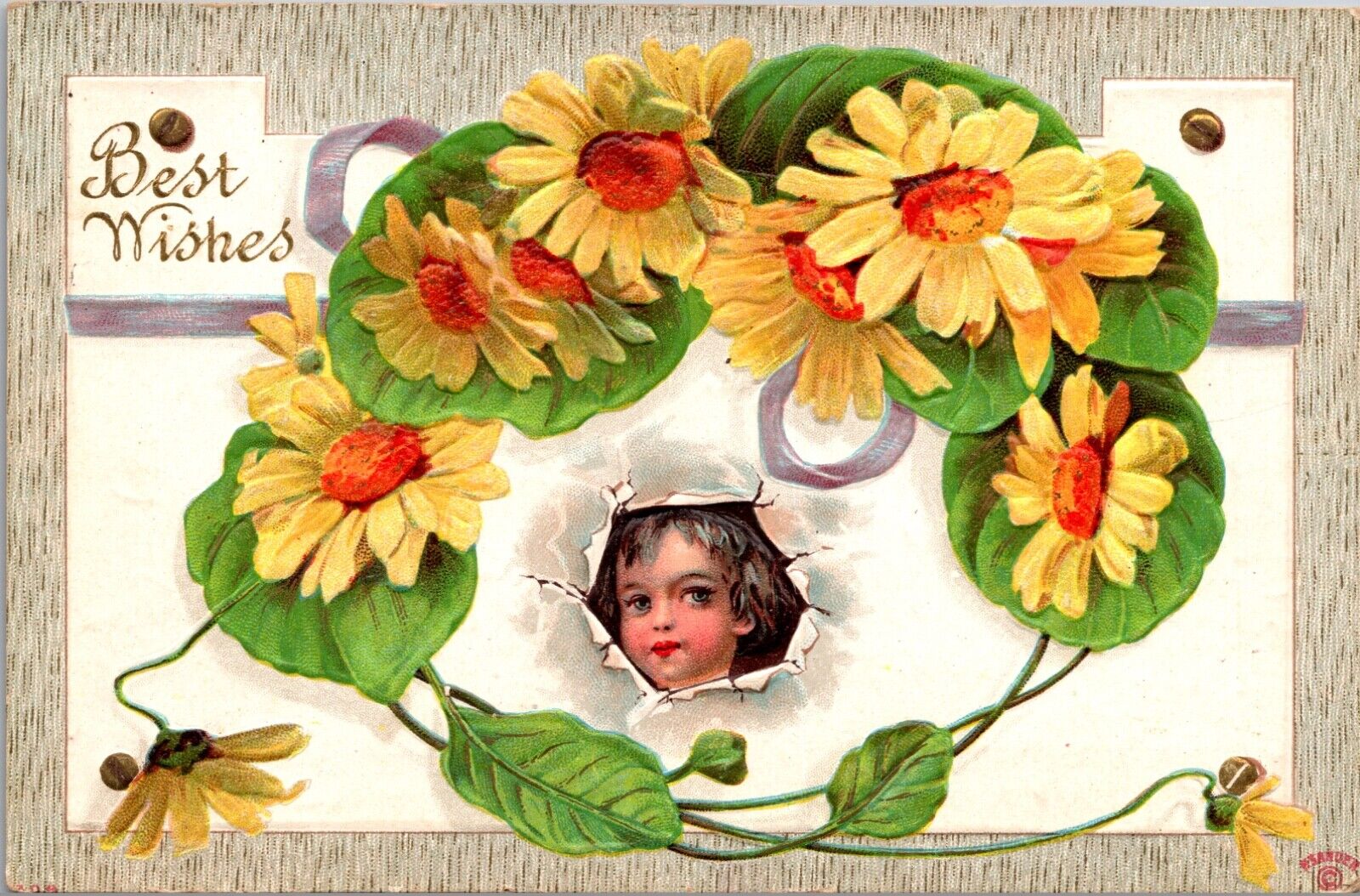 Best Wishes Postcard Yellow Daisy Flowers Baby Child Peaking Through Torn Paper