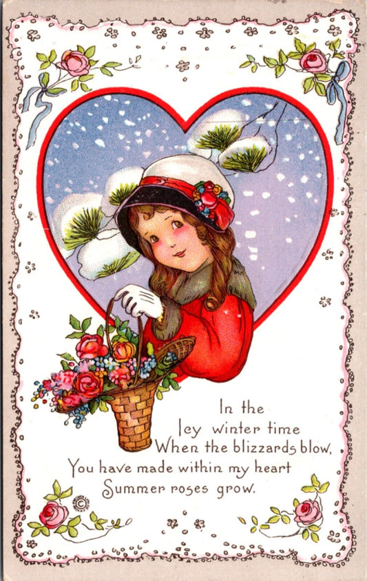 Valentine Postcard Young Girl Bouquet of Flowers Winter Blizzards Summer Roses