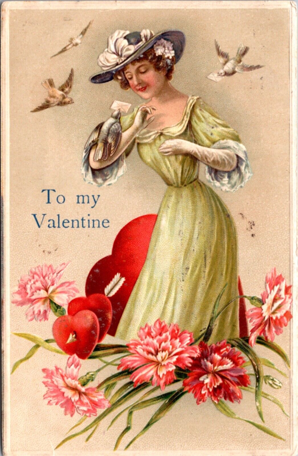 Valentine's Day PC Dove Carrying Letter Envelope Landing on Woman's Arm Flower