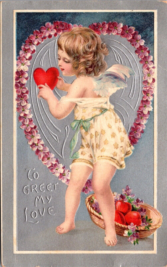 Valentine's Day Postcard Little Girl Angel Cupid Cherub Holding Heart Flowers