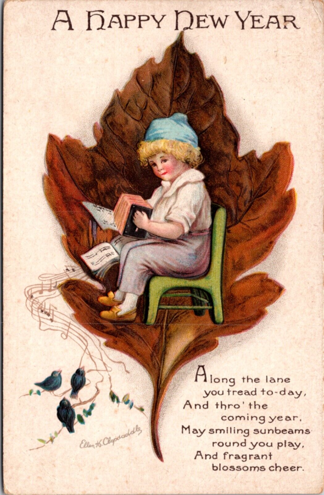 Clapsaddle Artwork PC Happy New Year Boy Playing Accordion Leaf Birds Music