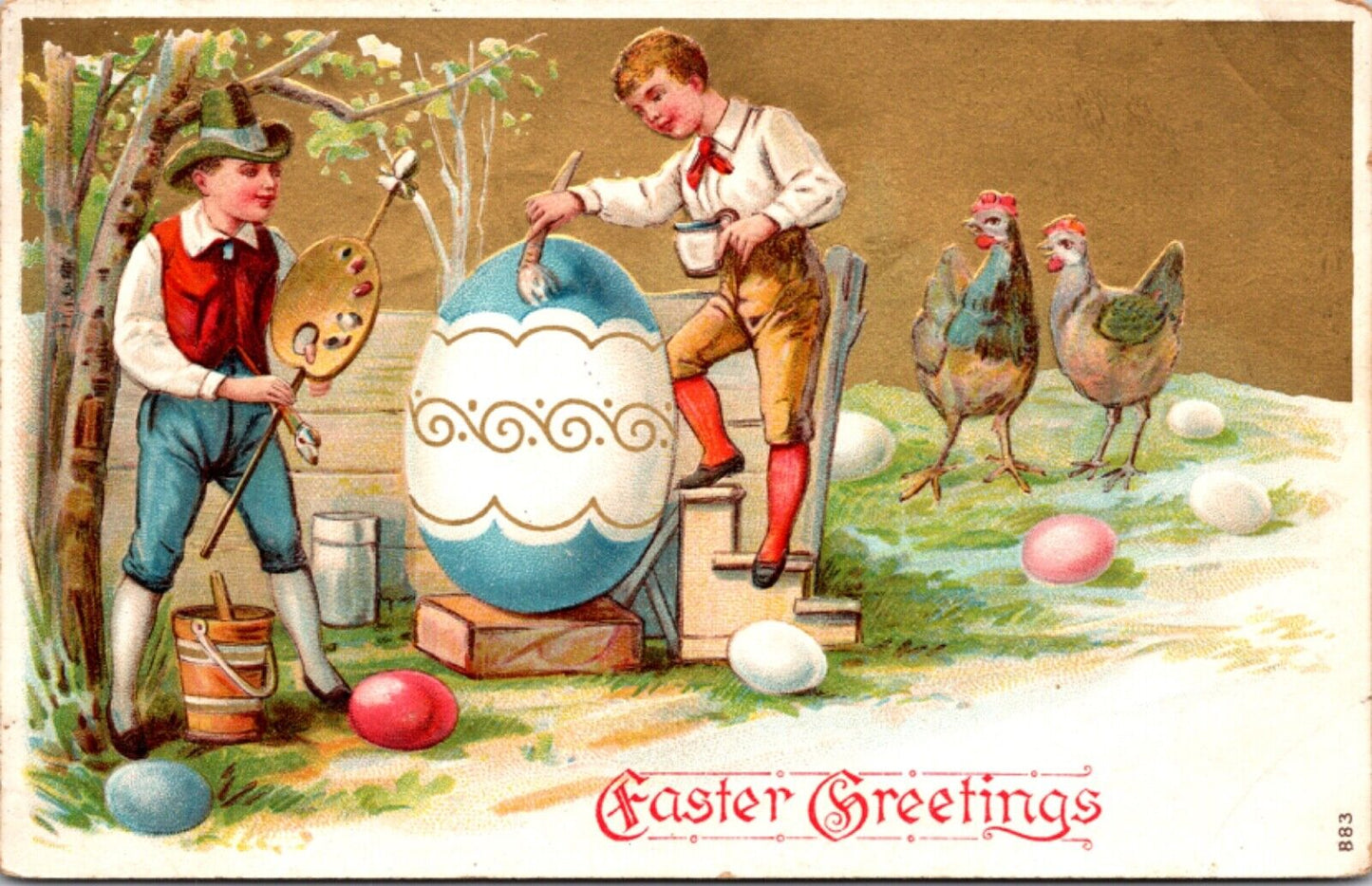 Easter Postcard Chicken and Rooster Watch Two Boys Painting Decorating Eggs