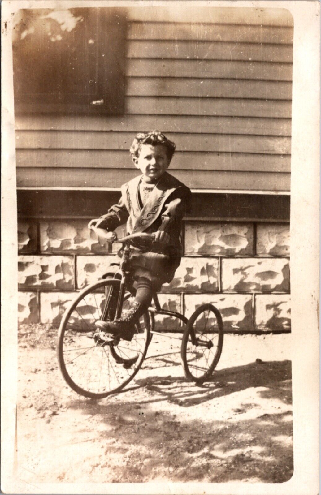 Real Photo Postcard Well Dressed Toddler Boy on a Tall Tricycle