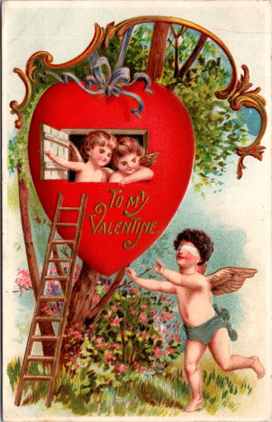 Valentine's Day PC Blindfolded Cherub Looking For Ladder to Heart Treehouse