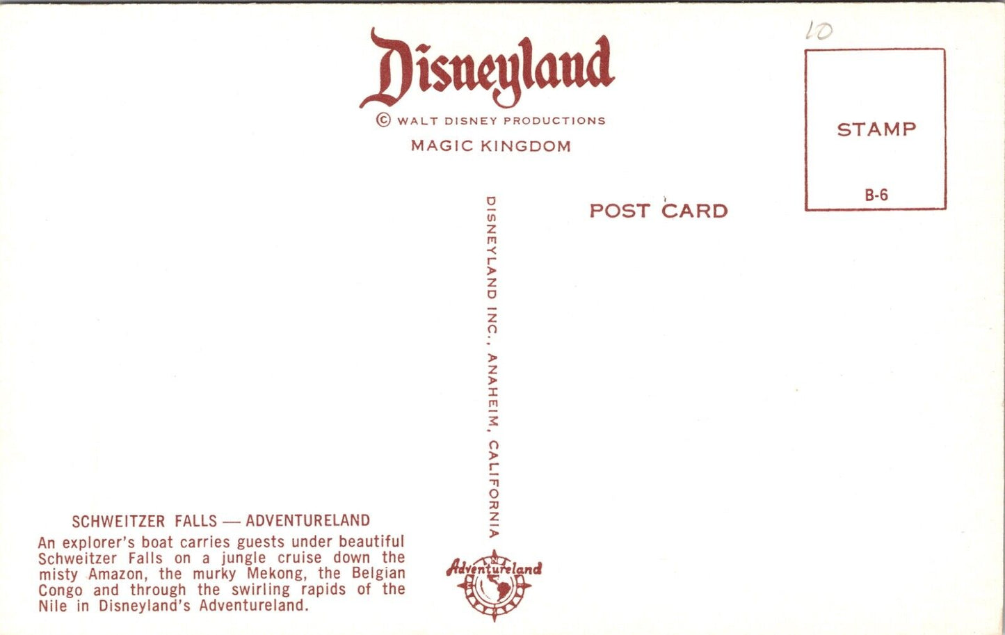 Disneyland Postcard Schweitzer Falls Adventureland Jungle Cruise