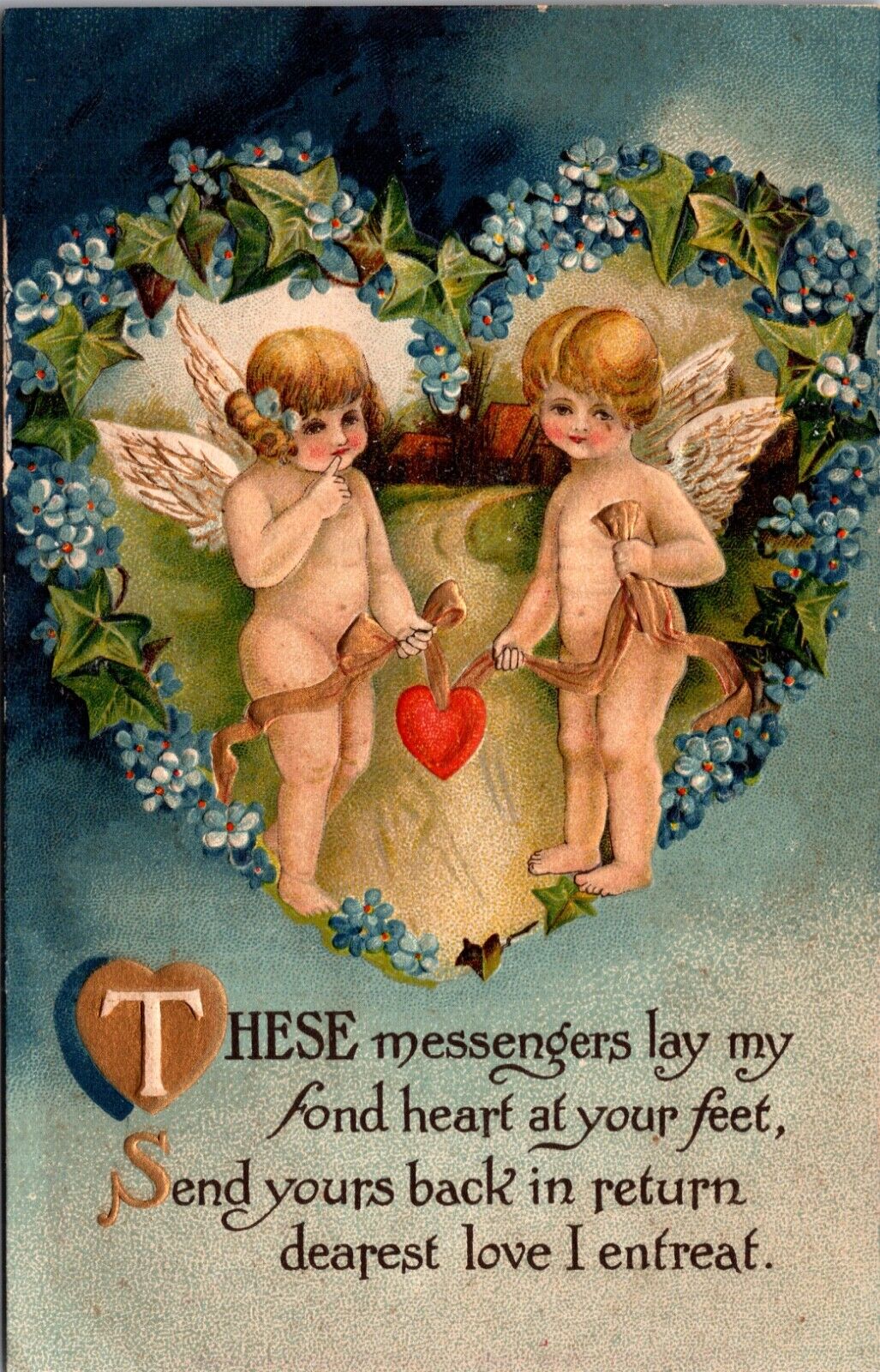 Valentine Postcard Cupid Cherub Messengers Heart on Gold Ribbon Flower Heart