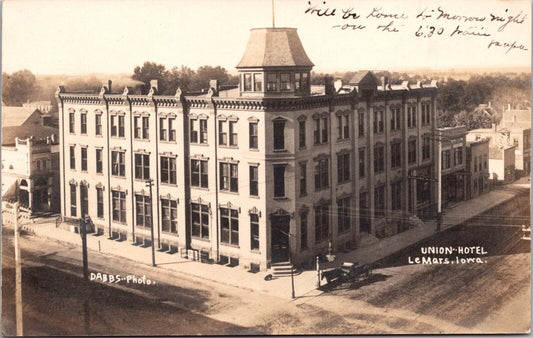 Real Photo Postcard Union Hotel in Le Mars, Iowa