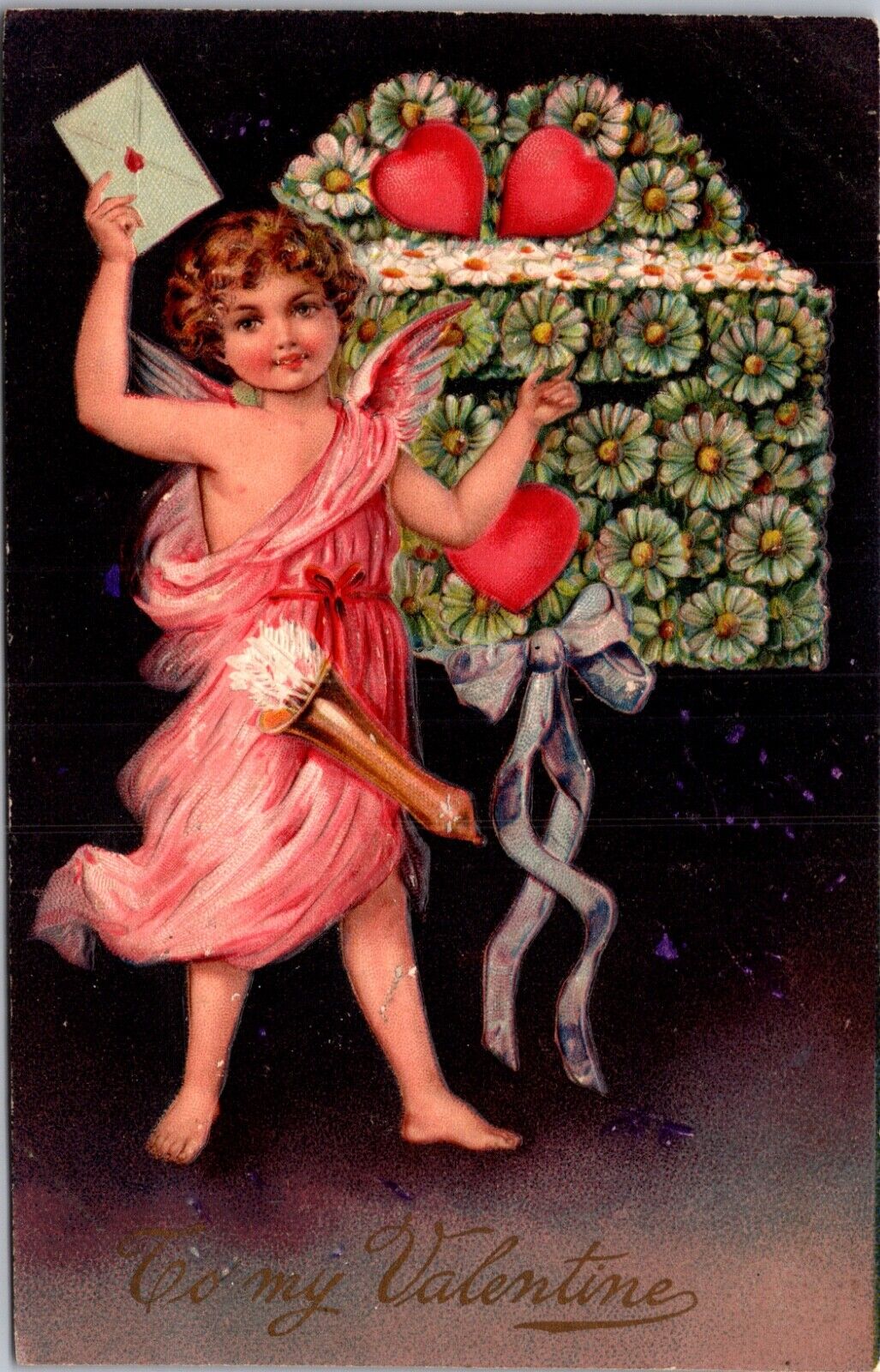 Valentine Postcard Cupid Cherub Mailing Letter in Flower Daisy Covered Mailbox