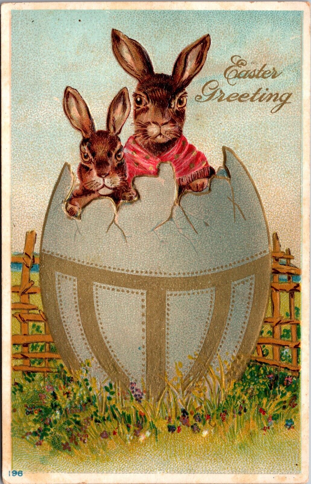 Easter Postcard Two Dressed Bunny Rabbits Standing in Blue Colored Eggshell