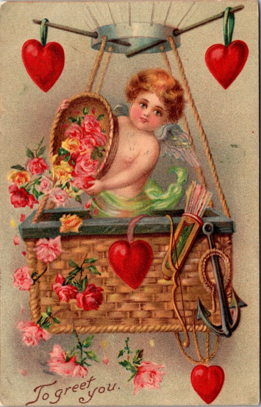 Valentine's Day PC Cherub Angel Dropping Roses From Hot Air Balloon Airship