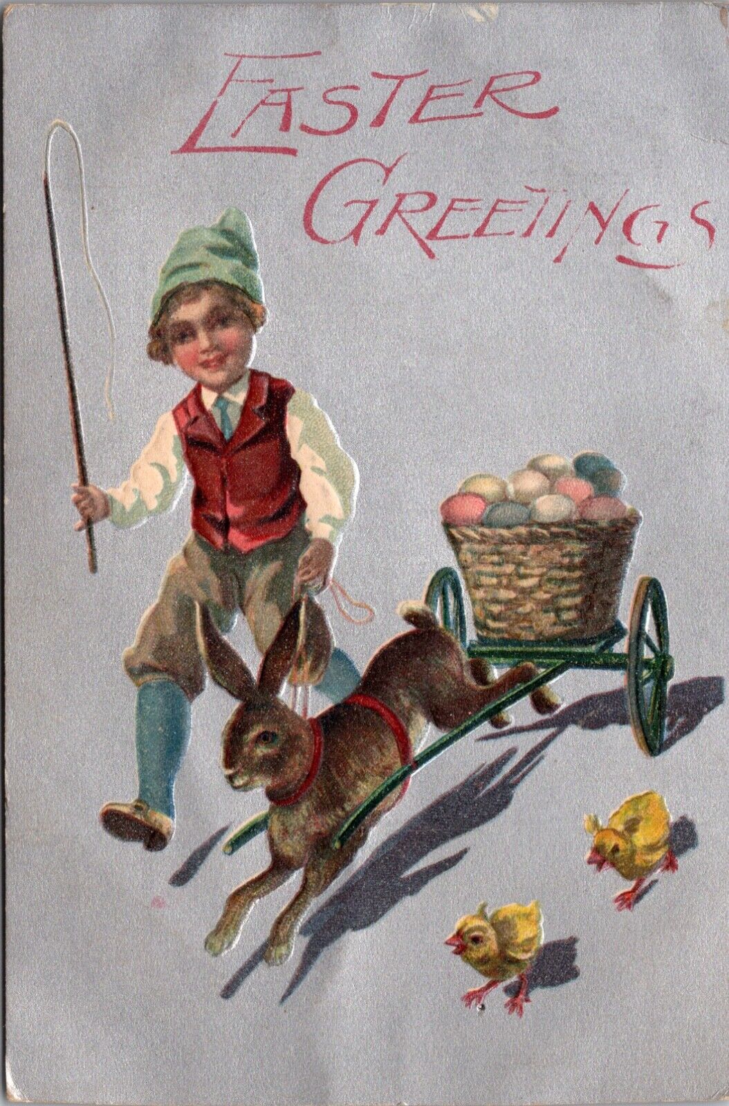 Easter Postcard Boy Whipping Bunny Rabbit Pulling Cart Filled with Colored Eggs