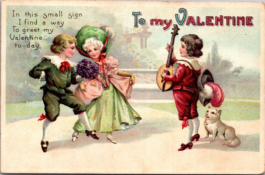 Valentine Postcard Victorian Children Dancing and Playing Music