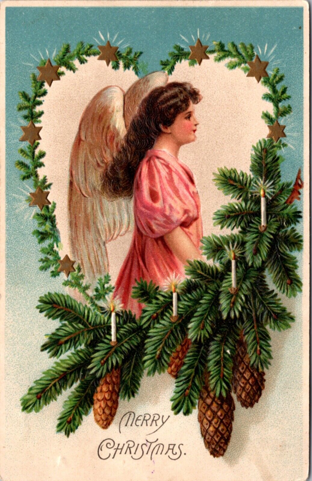 Christmas Postcard Pine Tree Branch and Gold Star Made Heart Around Angel