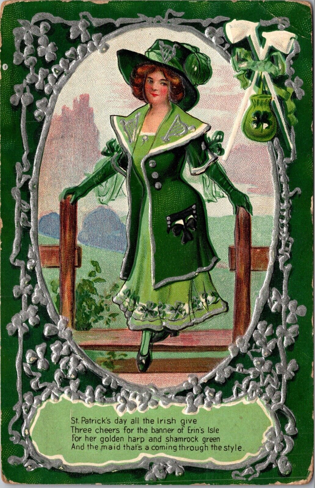 St. Patrick's Day Postcard Shamrock Irish Woman Pipes