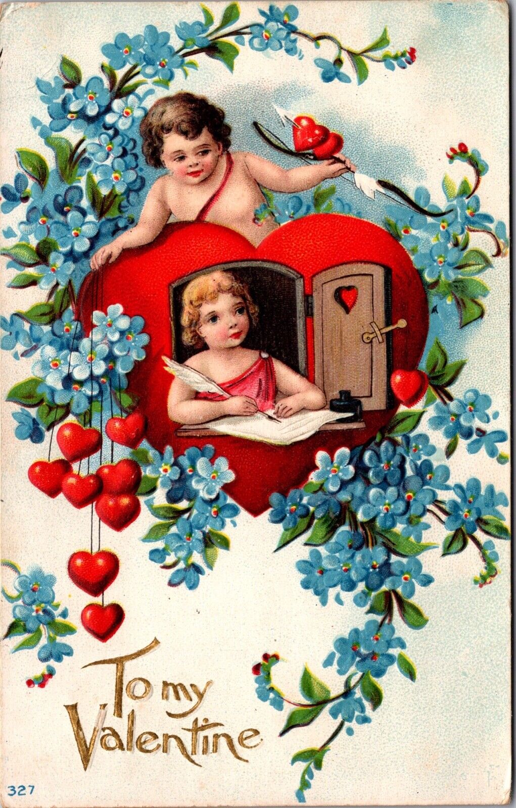 Valentine Postcard Cherub Bow Arrow Girl Writing Letter Inside Heart Window~4569