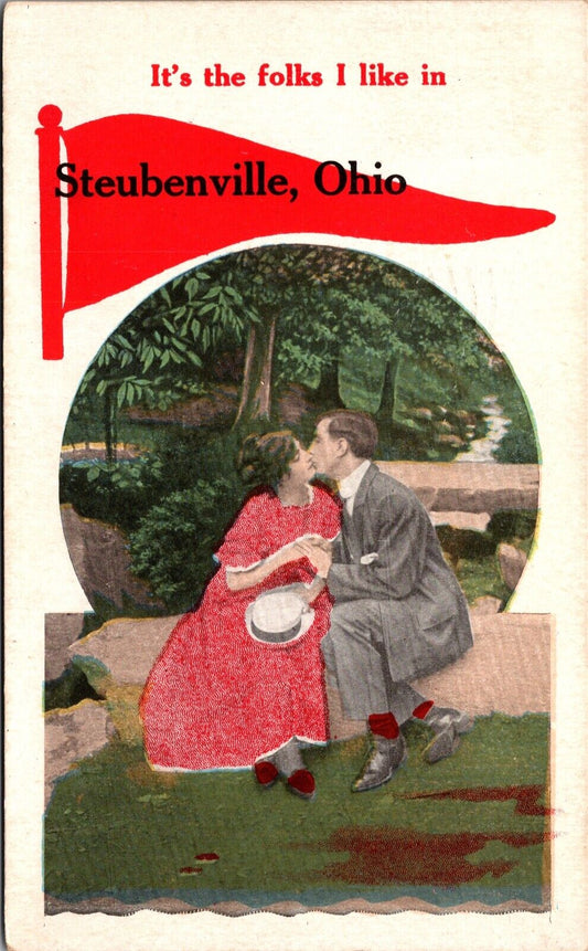 Advertising Postcard Pennant Flag Romantic Couple Visit Travel Steubenville Ohio