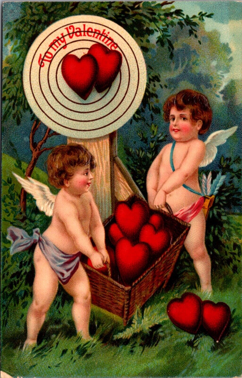 Valentine PC Cupid Cherubs Basket of Hearts Bullseye Target Archery Bow Arrow