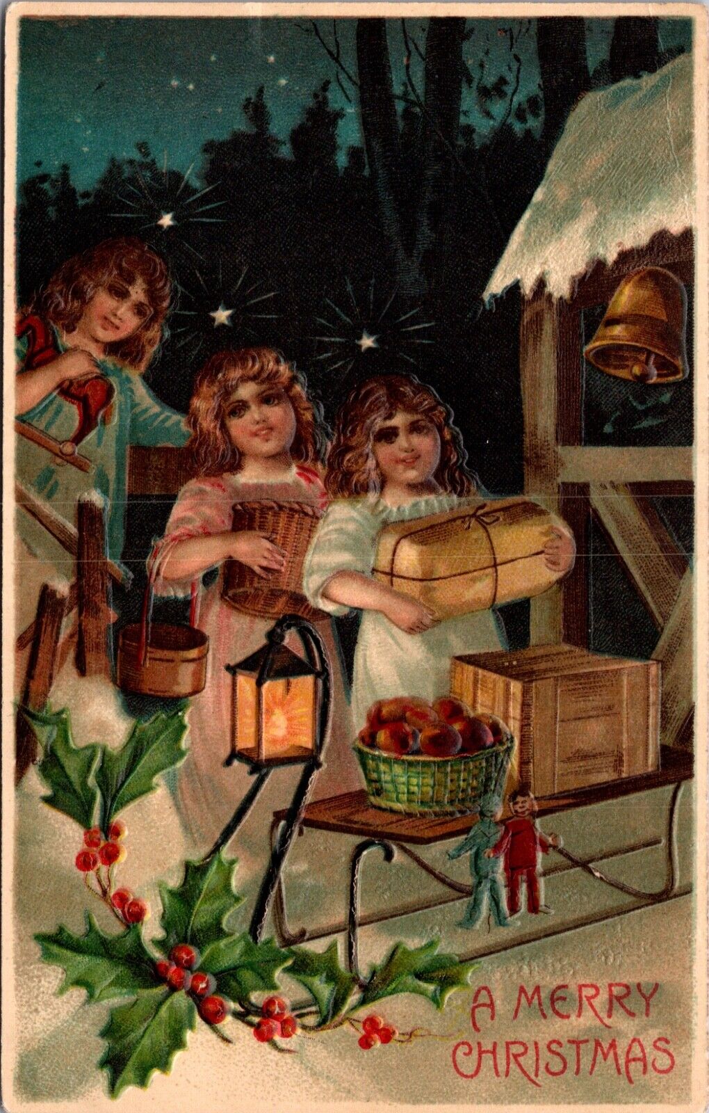 Christmas Postcard Three Angel Girls Delivering Packages Sled Toys Food