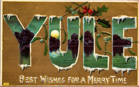 Christmas Postcard Large Letter YULE Best Wishes For A Merry Time