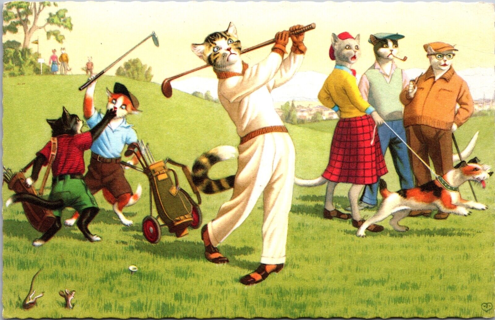 Alfred Mainzer artwork Postcard Dressed Cats Playing Golf