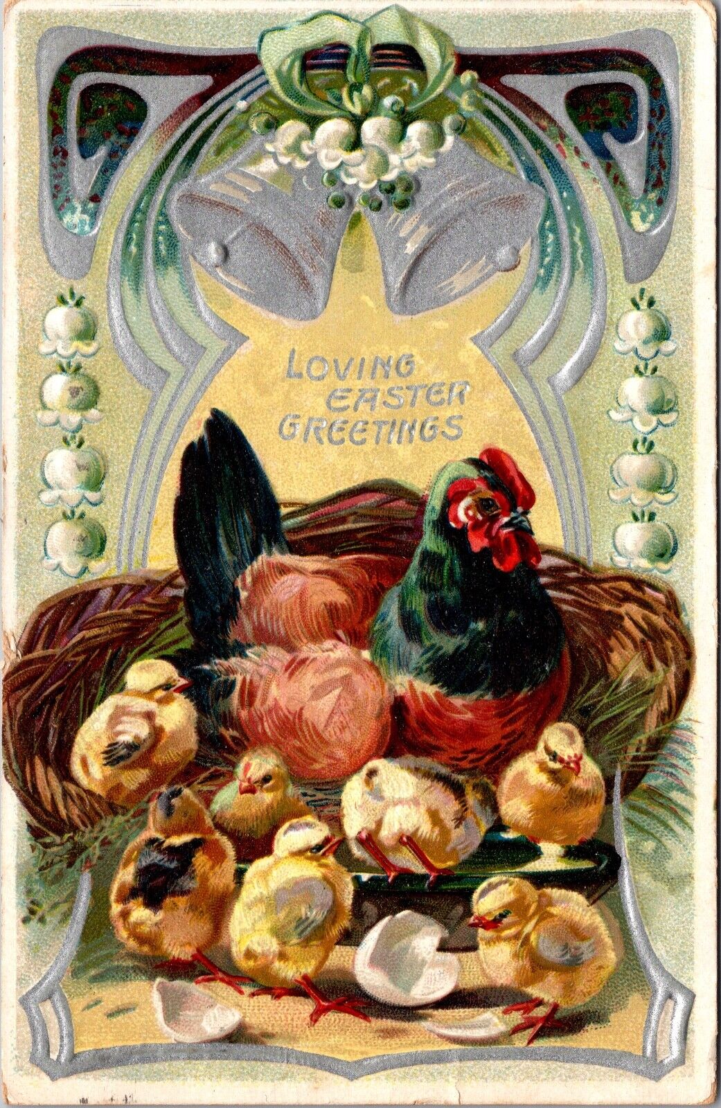 Easter Postcard Chicken Hen with Baby Chicks and Eggs, Silver Bells, Flowers