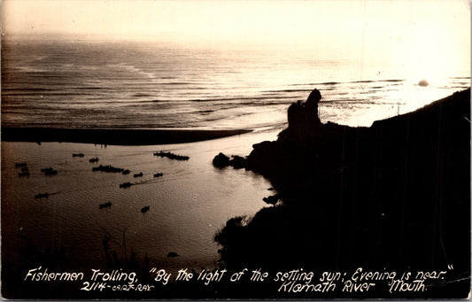 RP Postcard Fishermen Trolling Setting Sun in Klamath River Mouth California