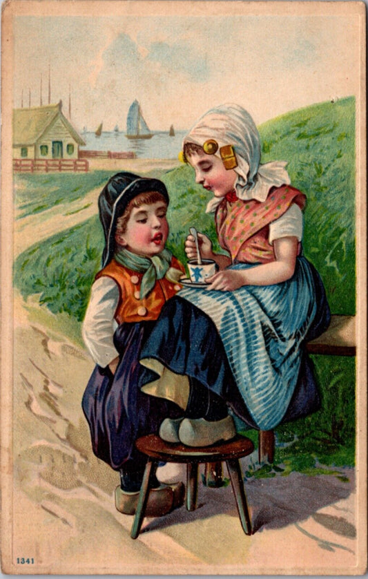 Artwork Postcard Dutch Boy Watching Girl Stir Her Cup of Tea Outside