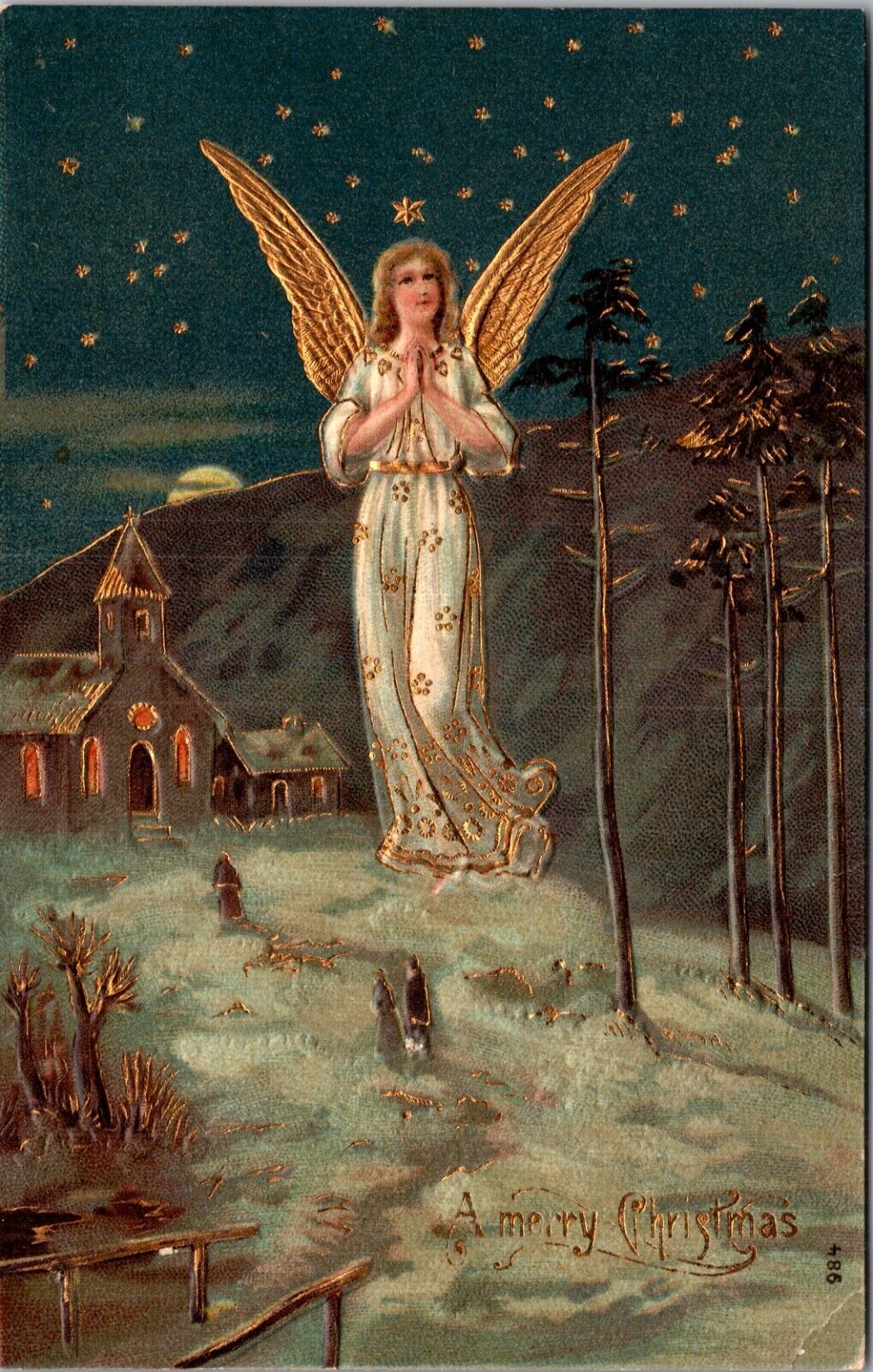 Christmas Postcard Gold Winged Angel Flying Over People Walking to Church