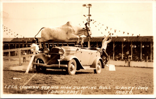 Cecil Cornish & His High Jump Bull Jumping Early Automobile Sidney Iowa Rodeo