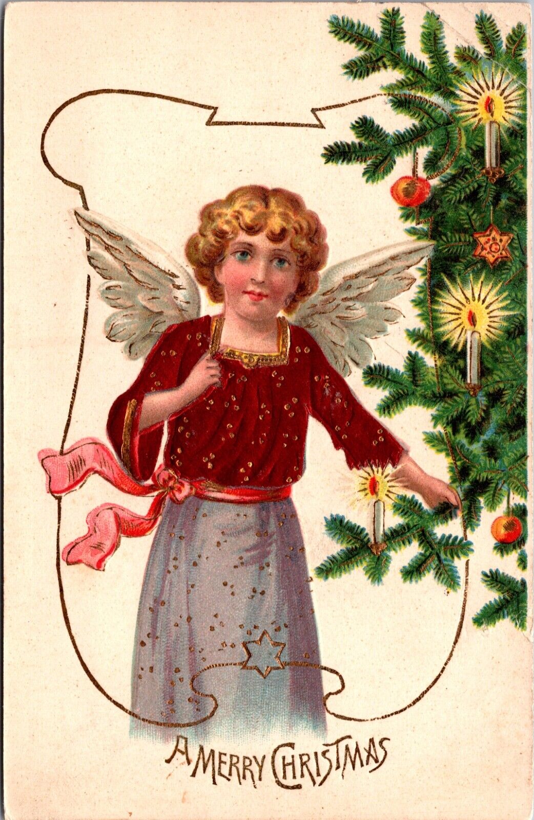 A Merry Christmas Postcard Angel Metallic Shirt and Gold Trim Candlelit Tree