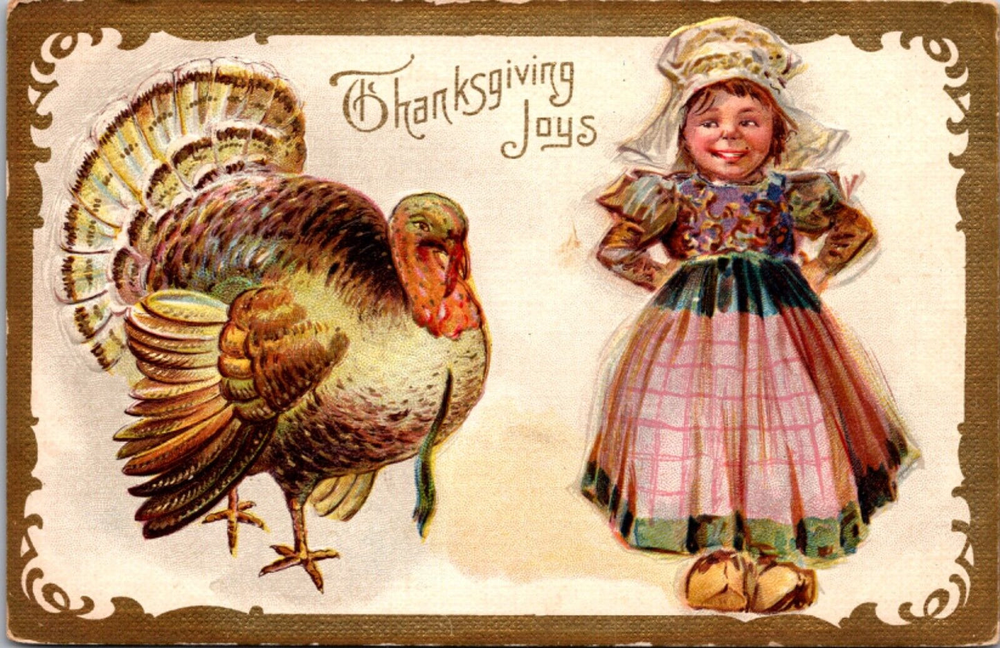 Brundage Thanksgiving Joys Postcard Young Dutch Girl with a Turkey