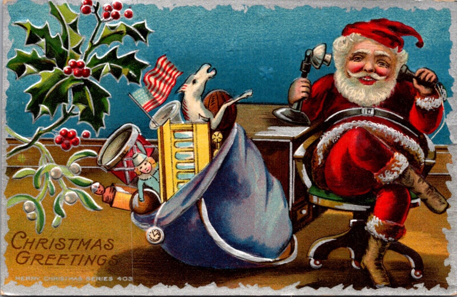 Christmas Postcard Santa Claus Talking on Stick Telephone Bag of Toys Spilling