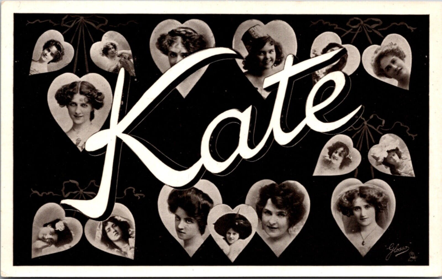 RPPC Large Letter Greetings of the Name Kate Women's Faces in Hearts