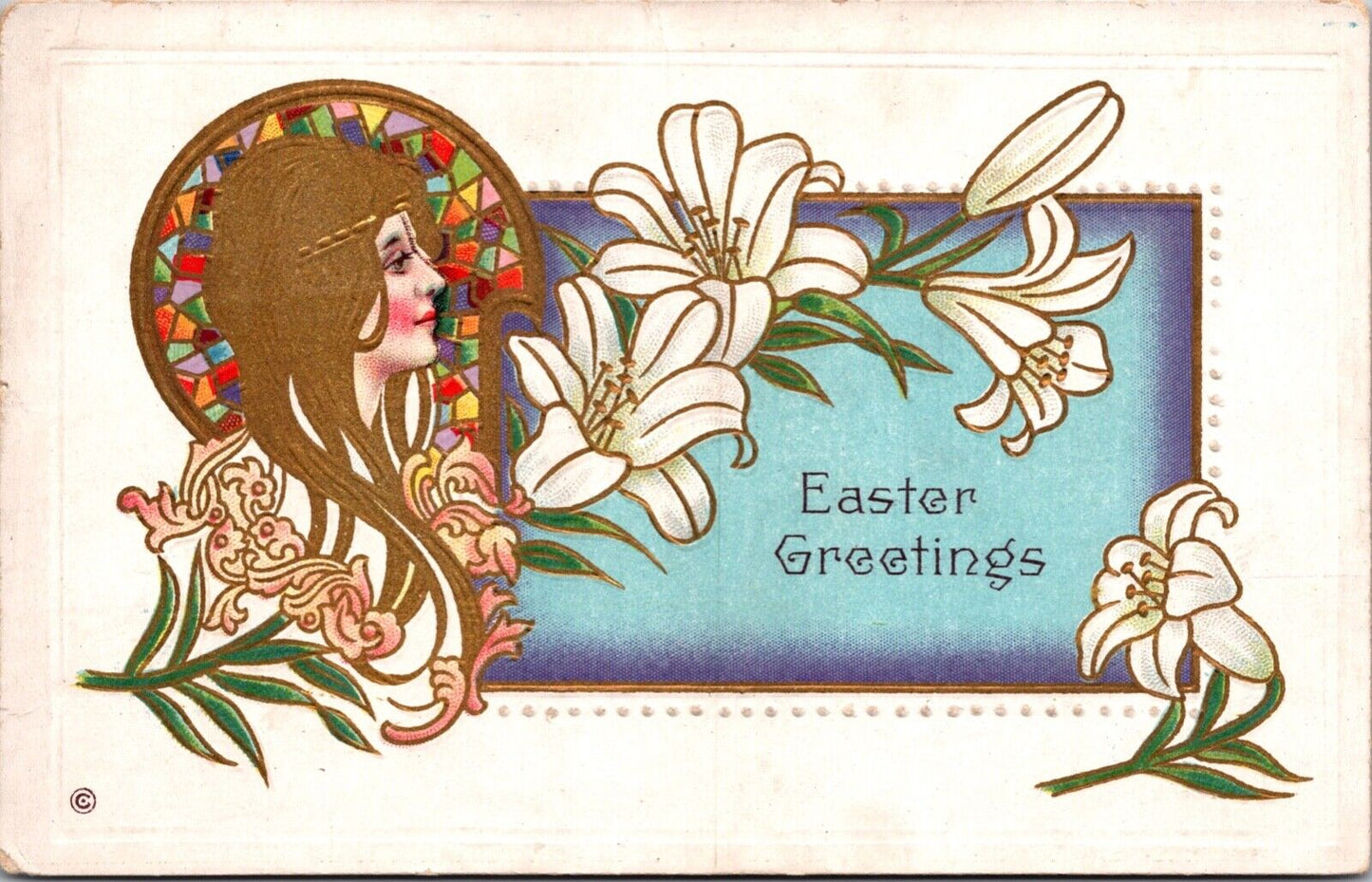 Two Embossed Easter Postcards Art Deco Women Stained Glass Lily Daffodil Flowers