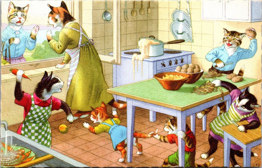 Alfred Mainzer Postcard Dressed Cats Kittens Throwing Food in a Kitchen