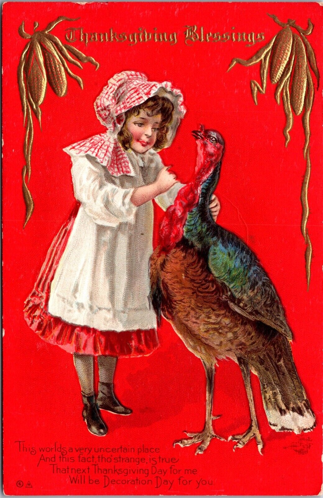 Thanksgiving Postcard Girl Talking to a Turkey Gold Corn~2830