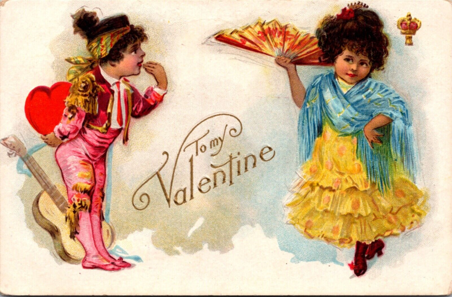 Valentine's Day Postcard Spanish Girl and Boy Guitar, Folding Fan, Heart