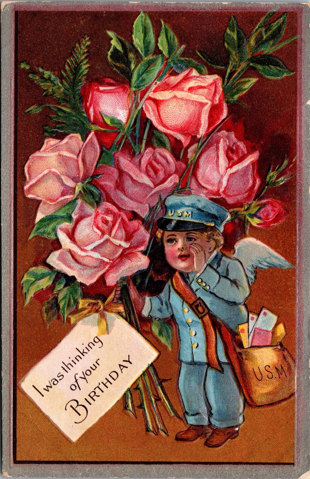 Birthday Greetings Postcard Mailman Cupid Delivering Pink Roses