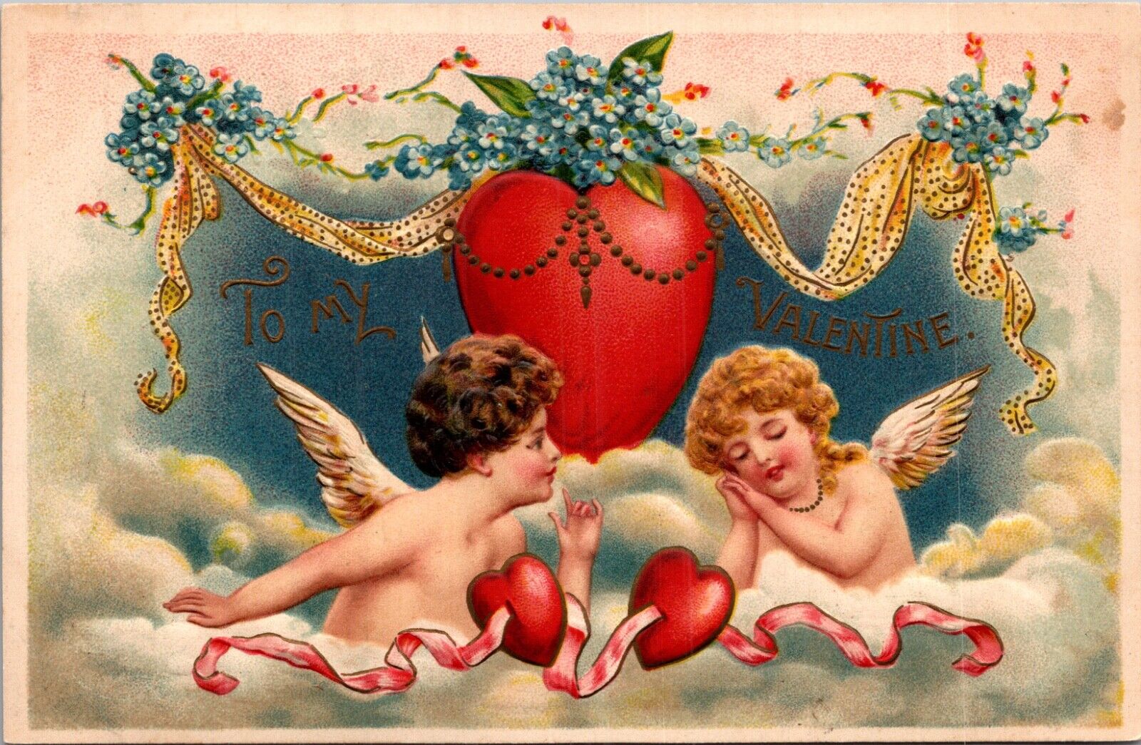 Valentine Postcard Cherub Cupids in the Clouds Hearts Forget My Not Flowers