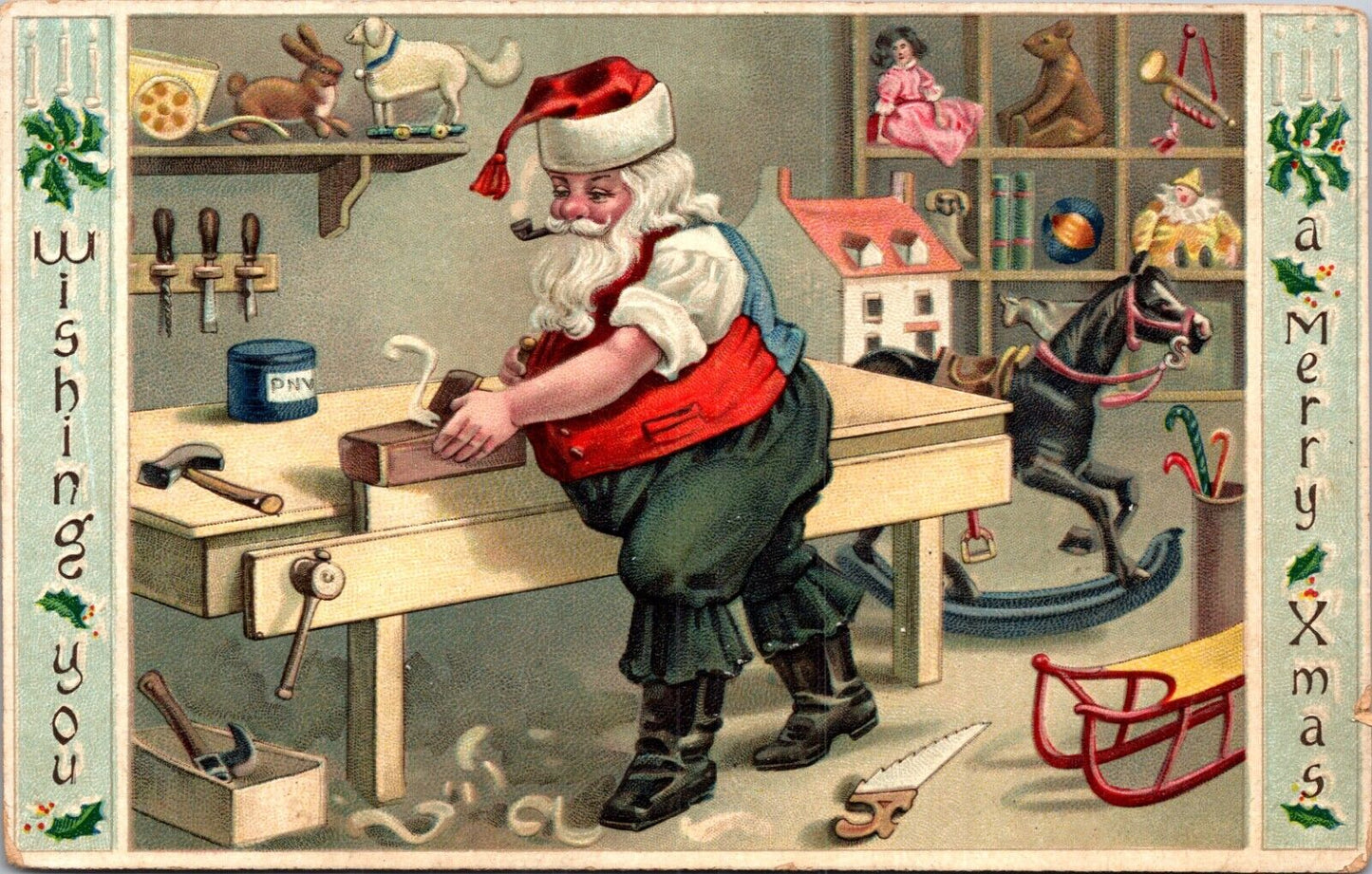 Christmas Postcard Santa Claus Making Toys in his Workshop Large Rocking Horse