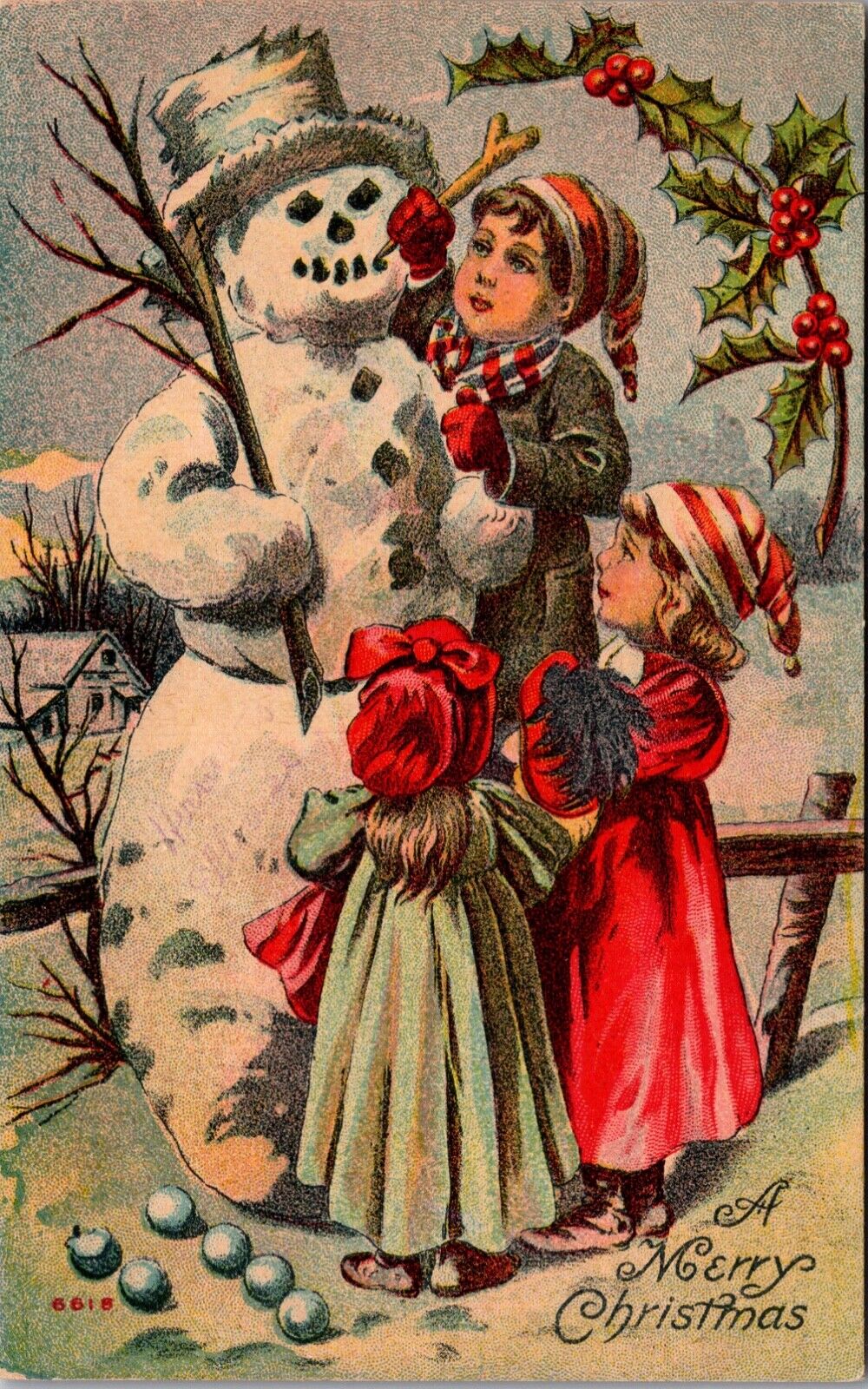 Christmas Postcard Children Building a Snowman Top Hat Coal