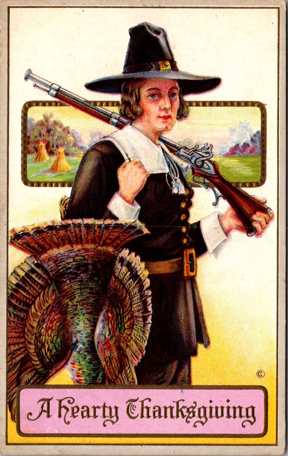 Thanksgiving Postcard Pilgrim with Shotgun and Dead Turkey