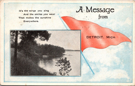 Tourism Advertising Postcard A Message from Detroit, Michigan Pennant Flag