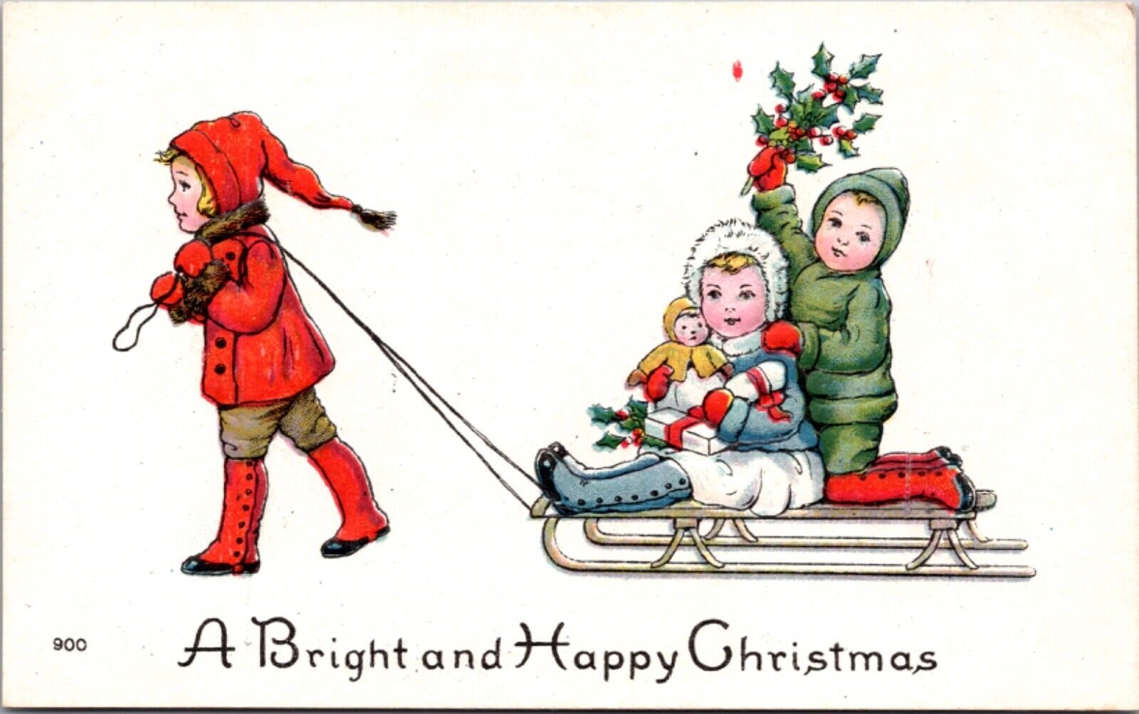 Bright and Happy Christmas Postcard Child Pulling Sled Children Toys Doll Holly