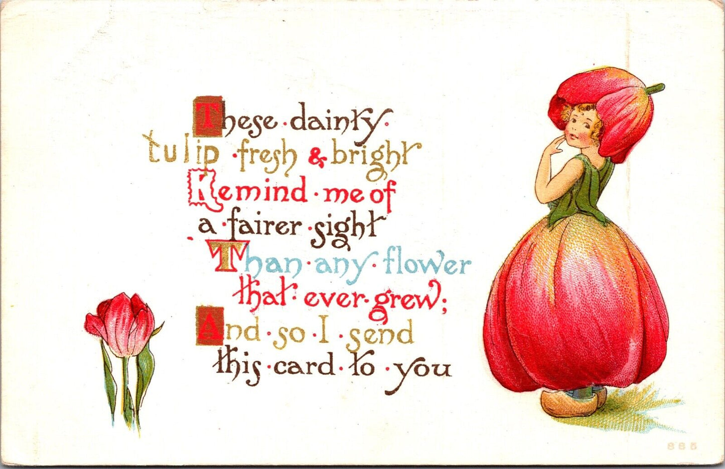 Spring Postcard Girl Dressed as a Tulip Flower Wearing Wooden Shoes Poem