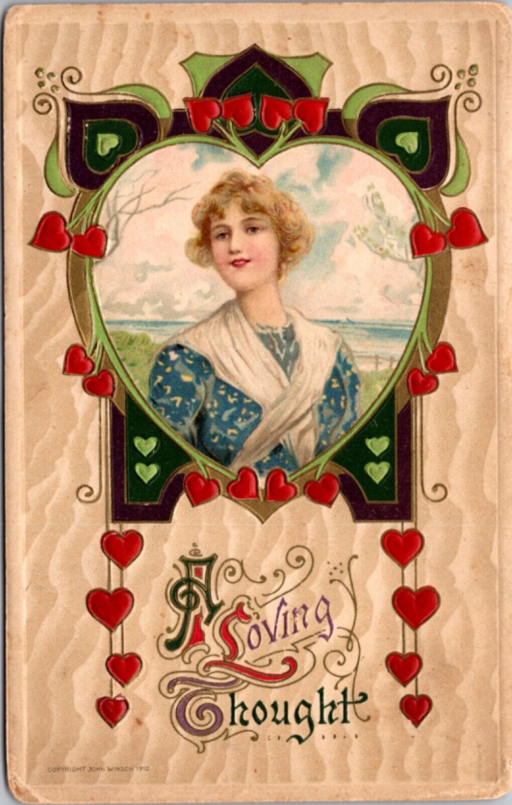 Winsch 1910 Valentine's Day Postcard A Loving Thought Art Deco Woman Hearts