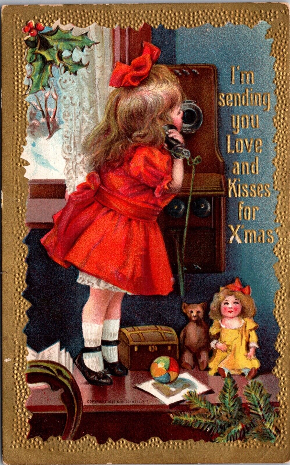 Christmas Postcard I'm Sending You Love and Kisses for Xmas, Girl on Telephone