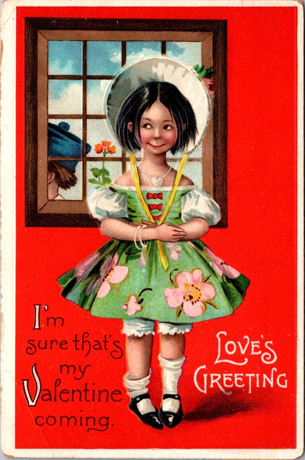 Brundage Valentine Postcard Young Girl Flower Dress Party Shoes Bonnet