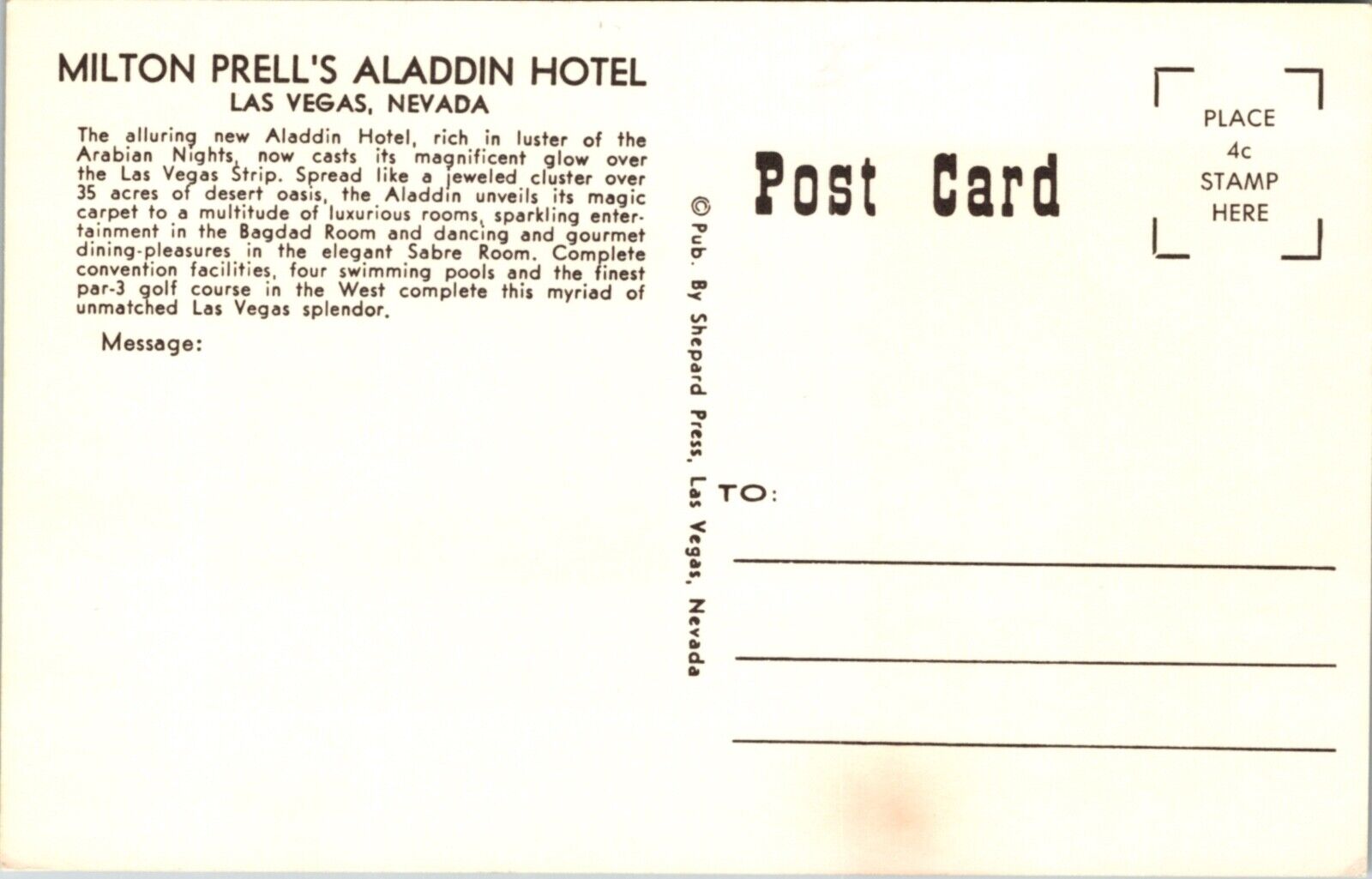 Advertising Postcard Roulette Gaming Guide Aladdin Hotel in Las Vegas, Nevada